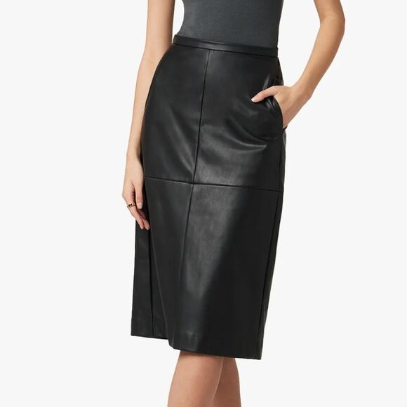 Joe's Doreen Black Cross Seamed Vegan Leather A-line Midi Skirt, size L - Picture 1 of 10